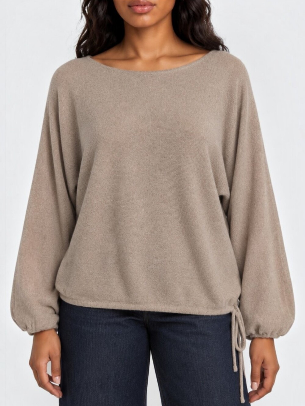 Christopher Fisher 100% Cashmere Boat Neck Sweater Taupe Drawstring Hem Classic